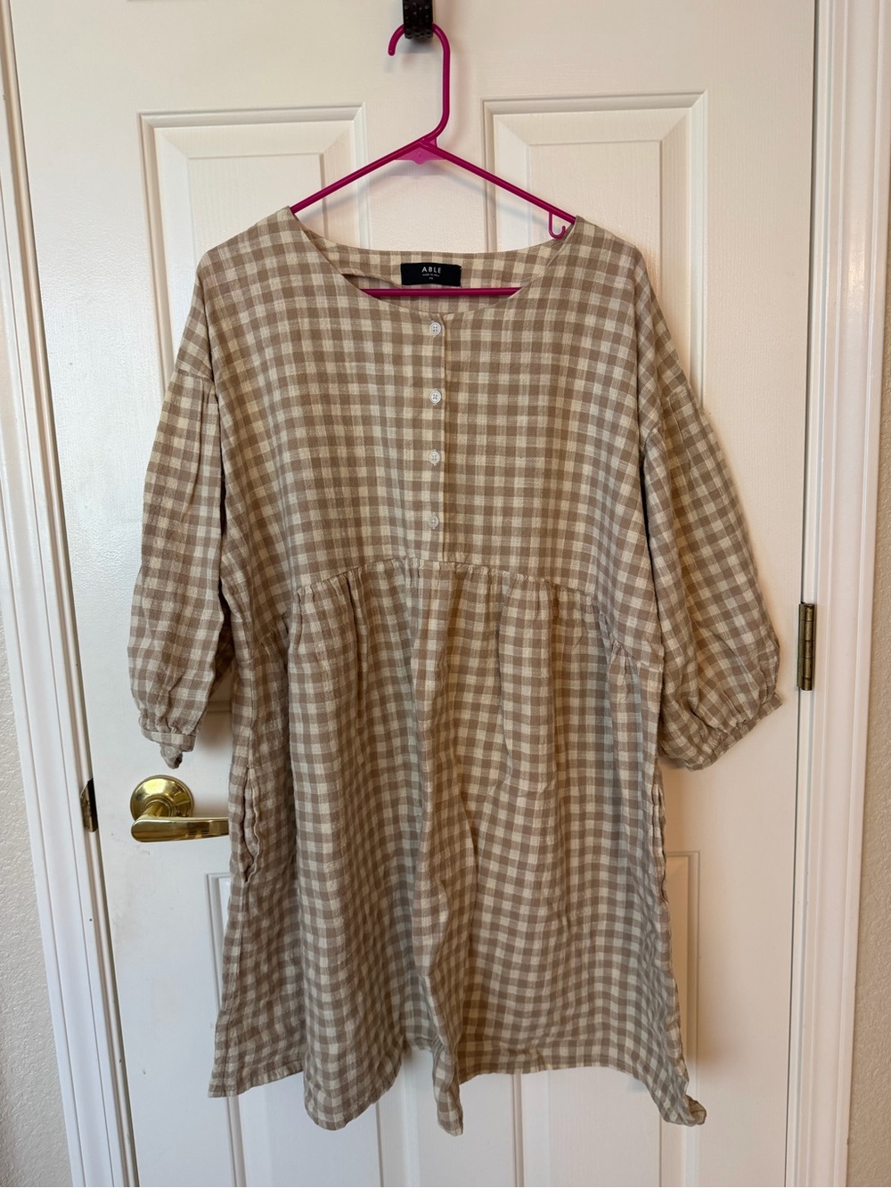Able Beige and White Gingham Button-Front Smock Dress